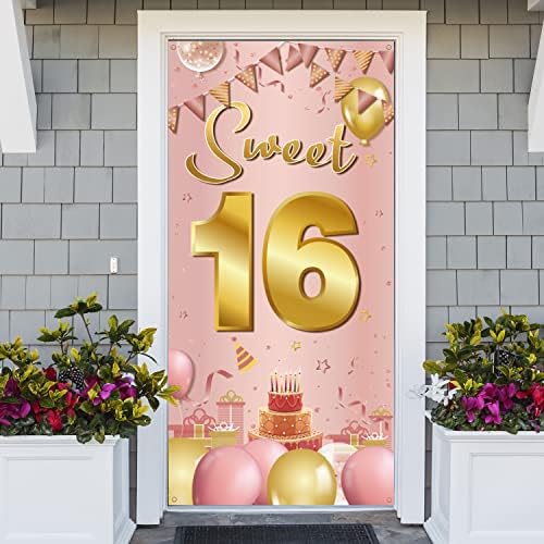 16 קישוטי יום הולדת מתוקים רקע באנר לדלת, קישוטי יום הולדת 16 שמחים לילדות, זהב ורוד מתוק שש עשרה